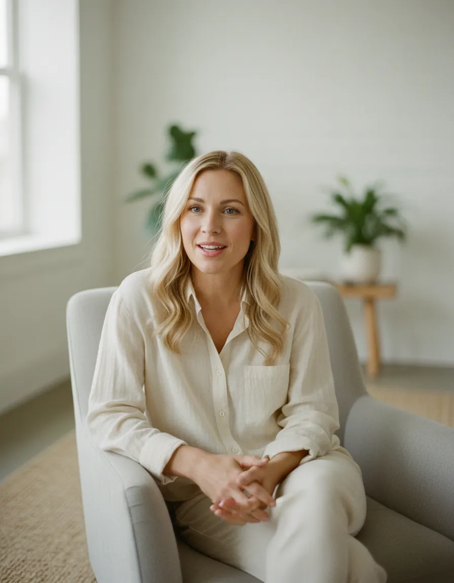 Blonde woman white shirt