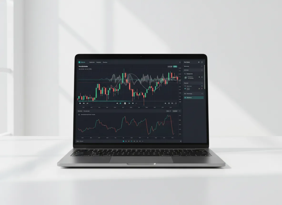 Trading webinar preview on laptop screen with candlestick charts