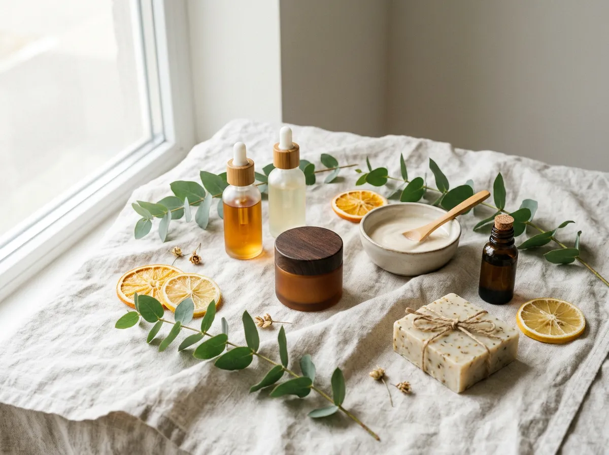Natural, unbranded skincare and wellness products in soft daylight (no visible logos), flat lay