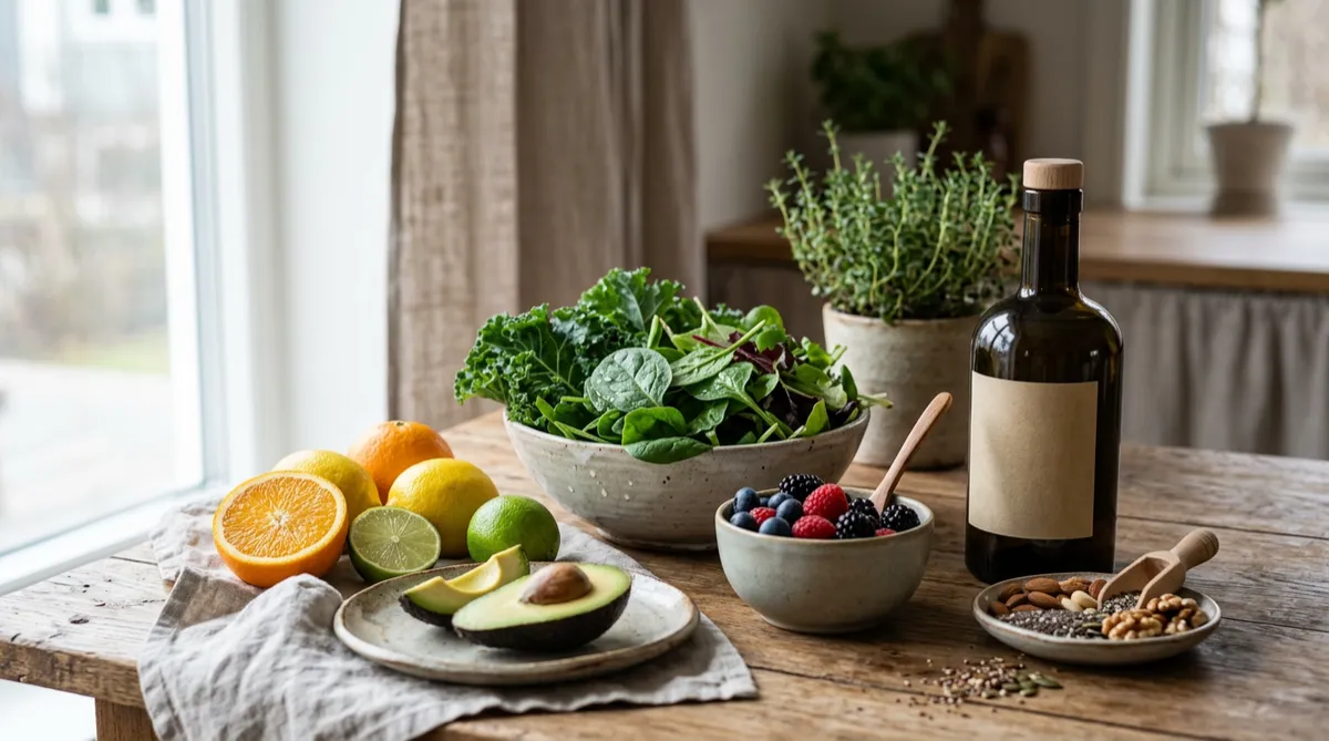 Naturlig nutrition-still life med hälsosamma råvaror och helt obrandade behållare (inga loggor eller text)