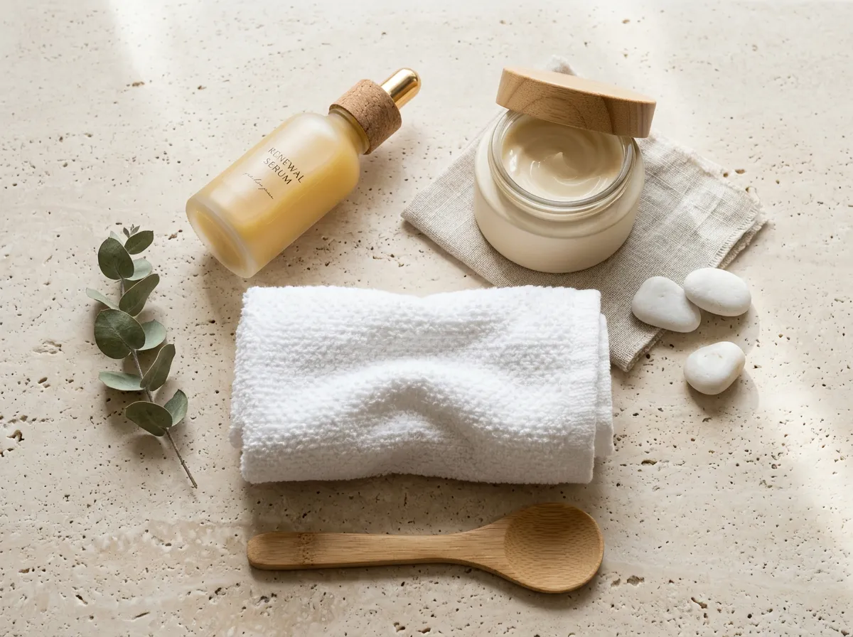 Premium skincare flat lay with minimal props in soft daylight.