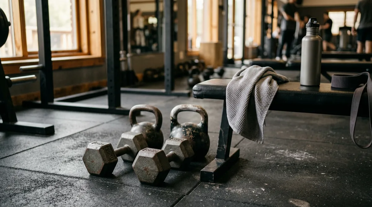 Unbranded gym still life with dumbbells and kettlebells in natural light (no people or faces)