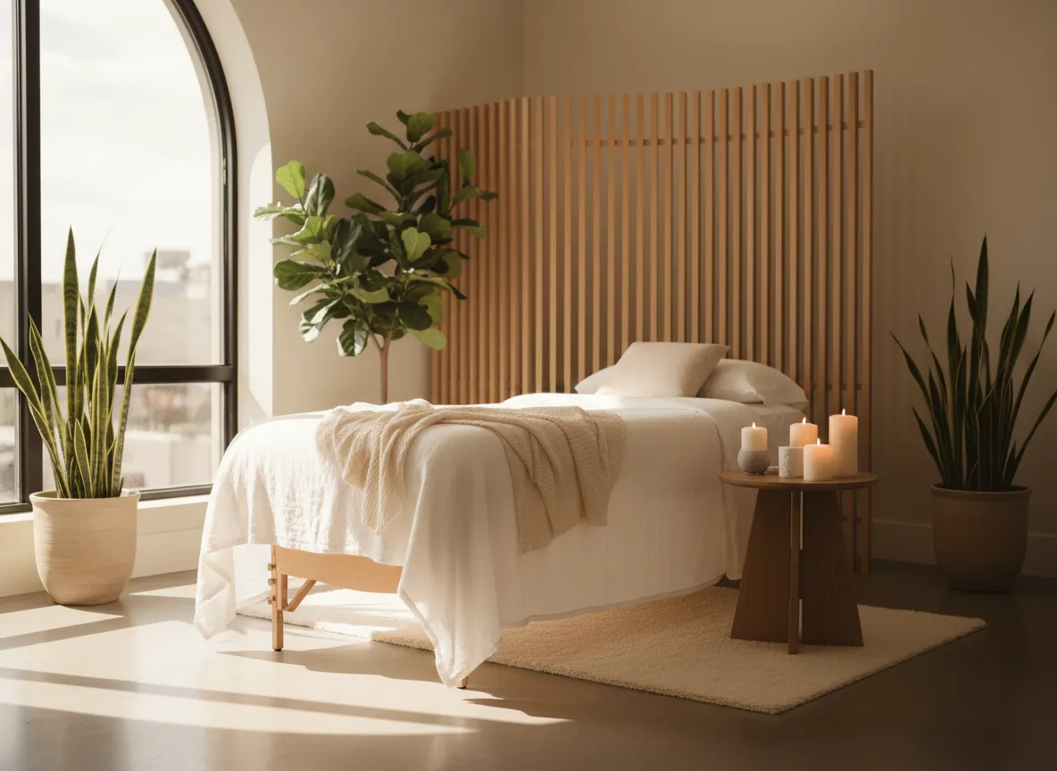 Modern, sunlit beauty and wellness studio with warm neutral tones
