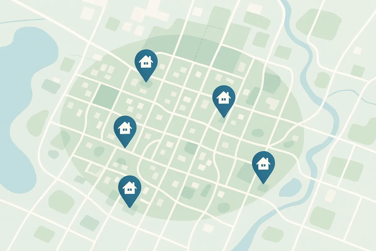 Landscape map visualization with HomePro Roofing location pins and coverage highlight