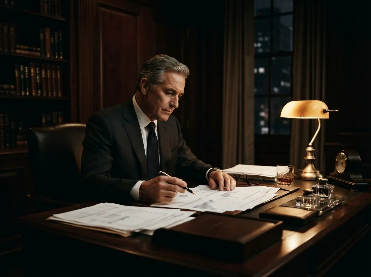 Fine leather-bound portfolio and archival fountain pen resting on a dark walnut study desk with warm ambient grain