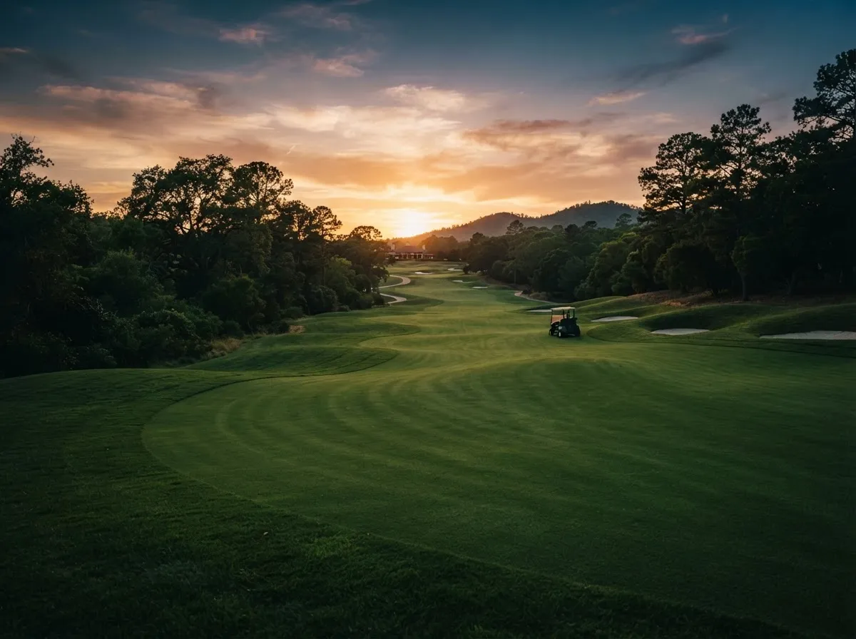 Exclusive country club terrace at sunset overlooking pristine rolling greens with two crystal tumblers of aged bourbon
