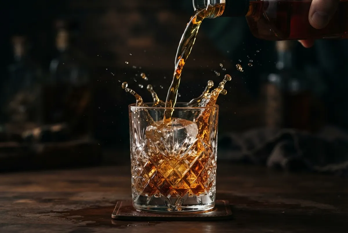 Macro shot of rare Kentucky bourbon splashing into heavy hand-cut crystal glassware
