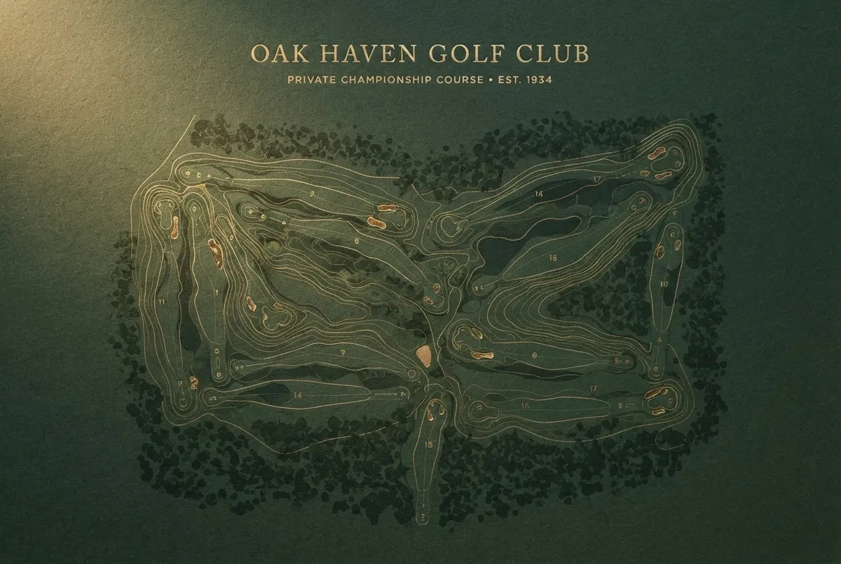 Minimalist architectural topographic map of the private championship golf course layout