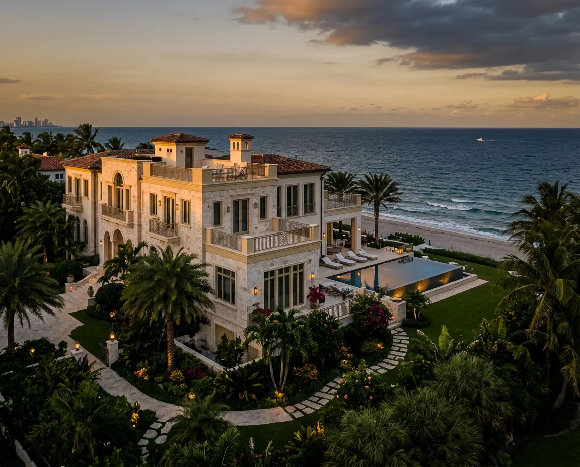 Luxury architectural oceanfront mansion in Miami Beach with lush landscaped gardens