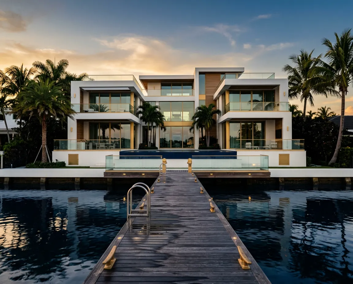 Modern waterfront luxury villa in Palm Beach with private deepwater dock