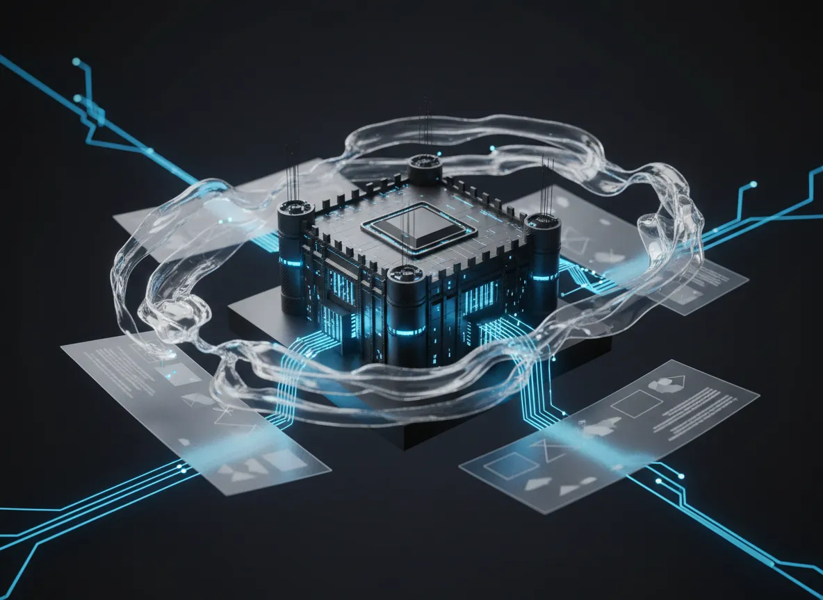 Abstrakt AI-visualisering med byggeplaner