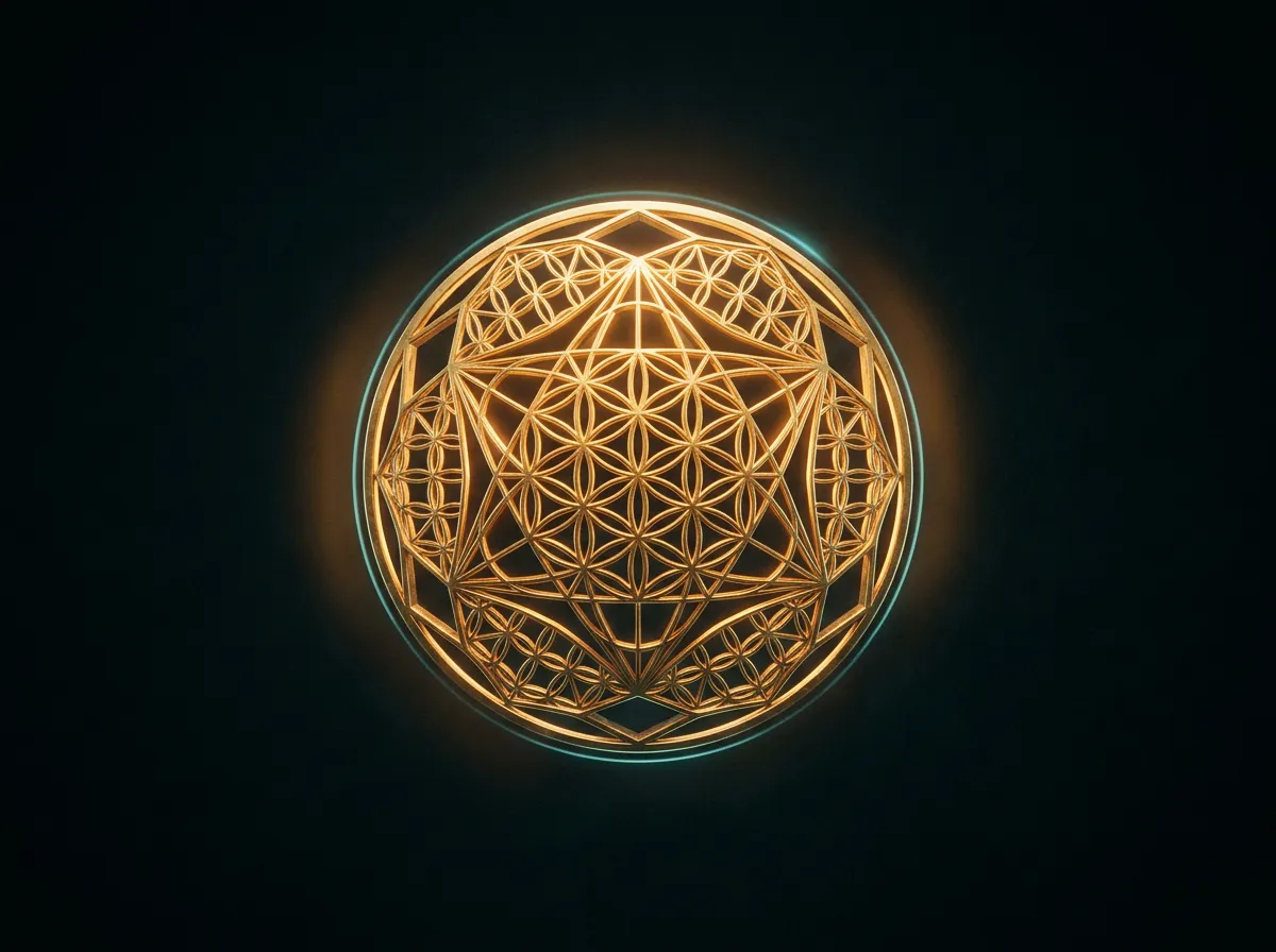 Luminous gold sacred geometric boundary shield floating in obsidian darkness
