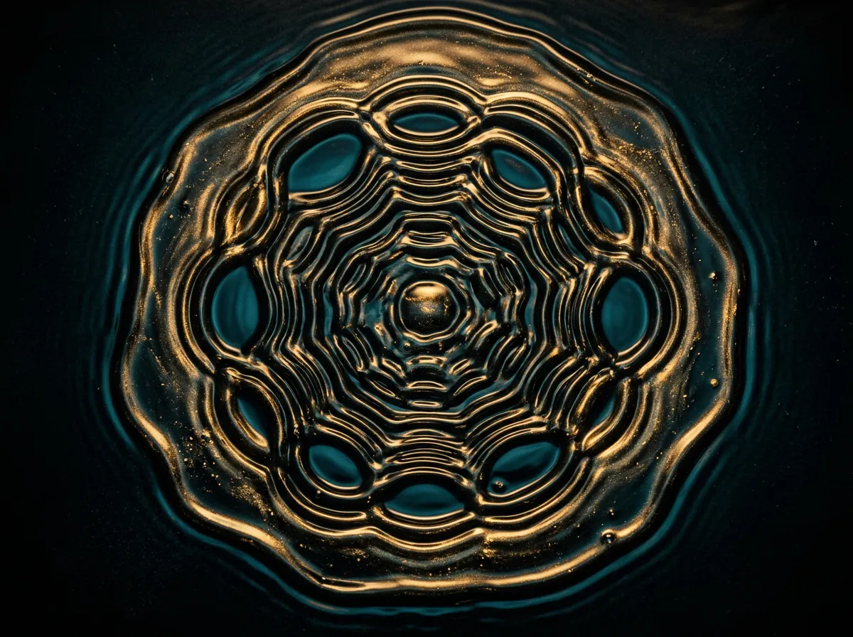 Golden cellular lattice renewing over deep obsidian waters in sacred ritual chamber