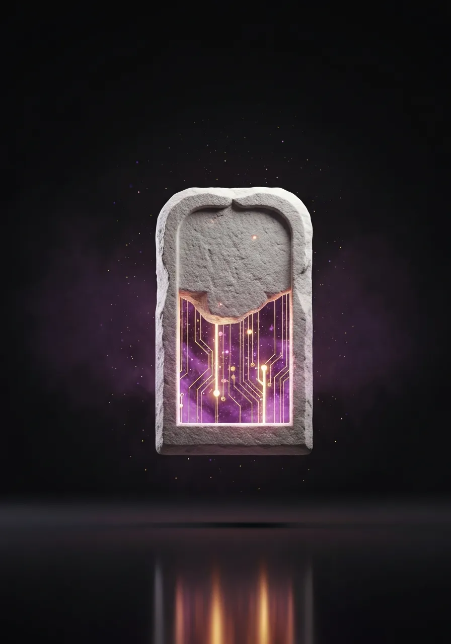 A celestial depiction bridging ancient Sumerian monoliths with glowing 5D light architecture