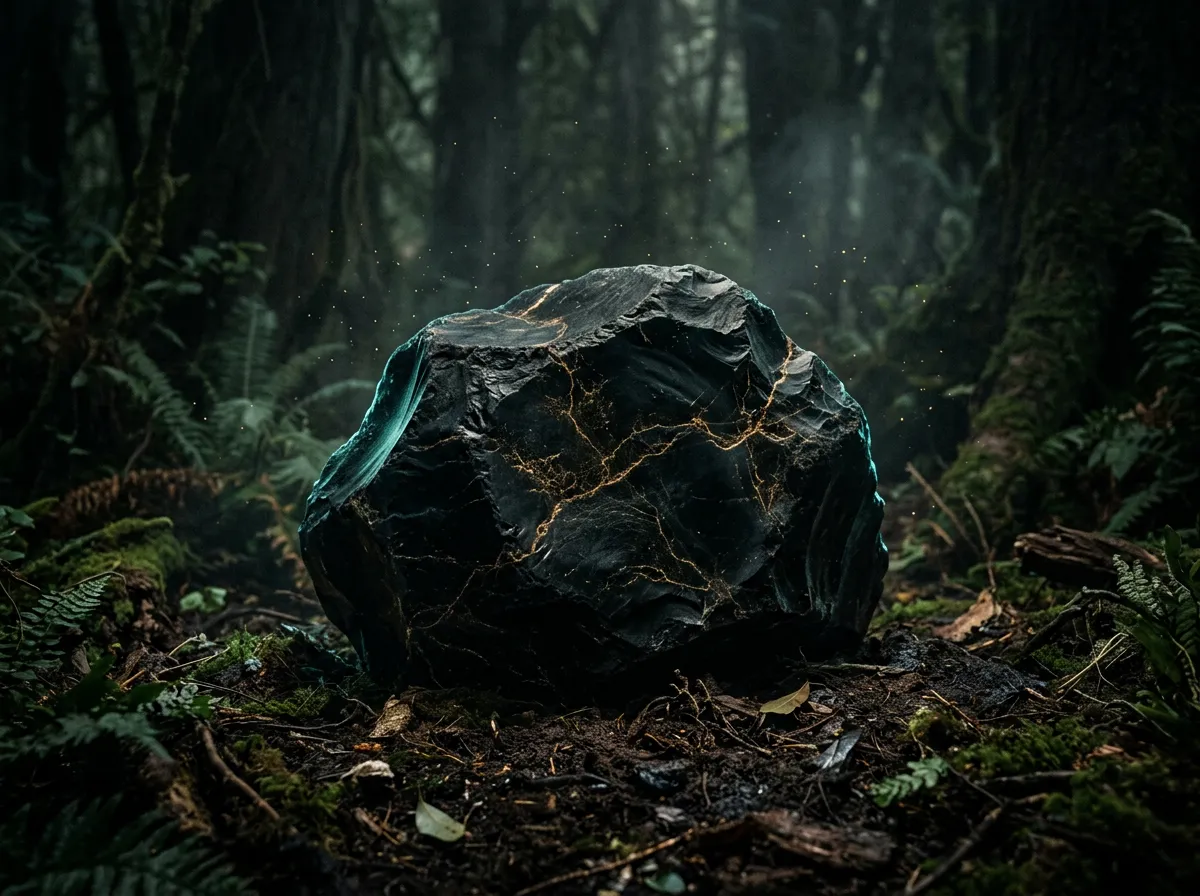 Mystical obsidian root stones and earth resonance glowing with subtle gold threads