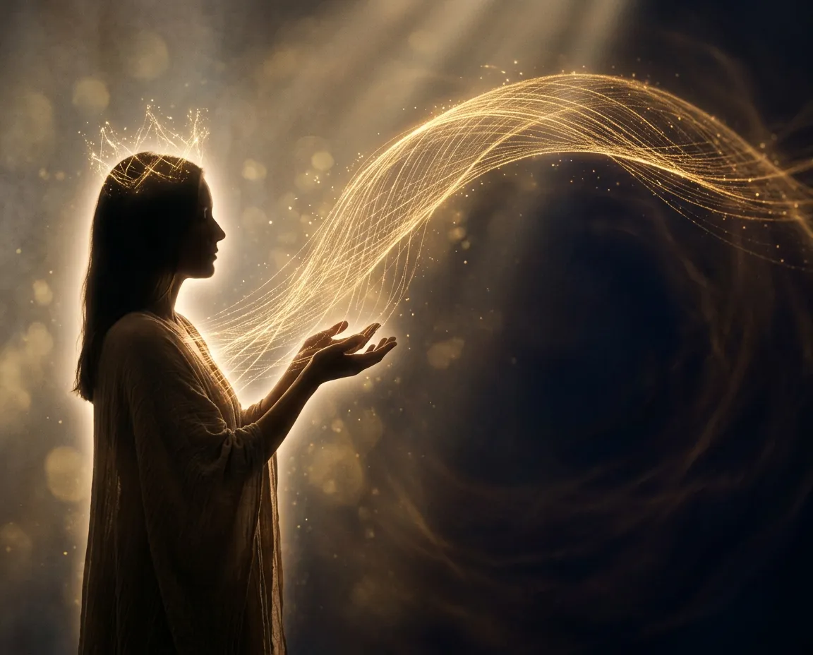 Warm golden resonance bridging human consciousness with sacred universal field