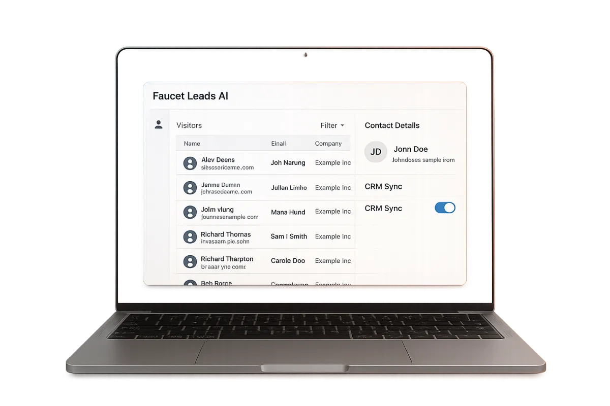 Isolated dashboard mockup of Faucet Leads AI on a laptop showing visitor list and CRM sync.