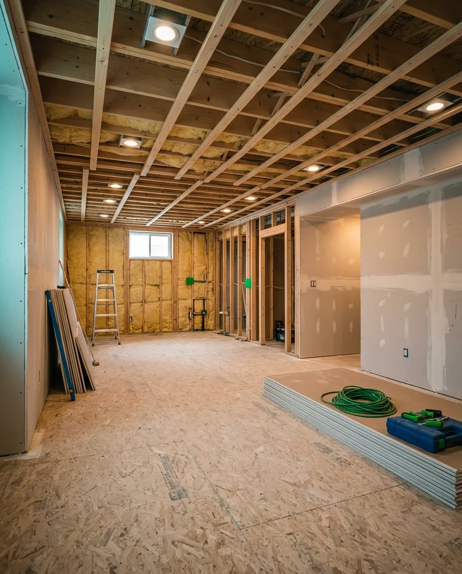 Clean, organized Ontario residential basement renovation in progress with quality framing, recessed pot lights, and drywall installation