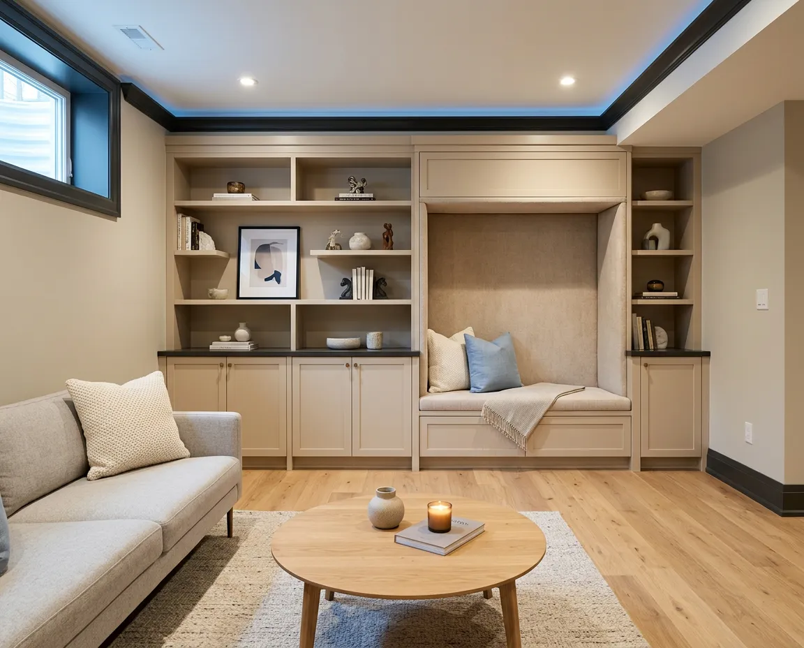 Modern finished basement with warm recessed lighting and quality craftsmanship