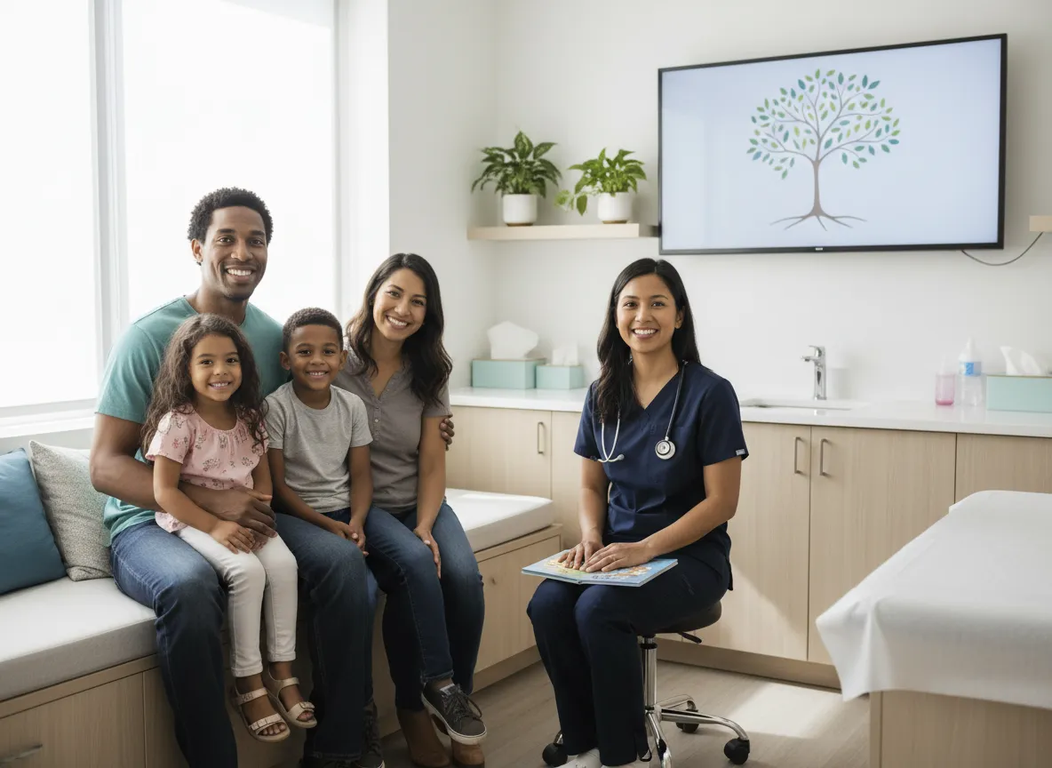 Smiling family with primary care provider
