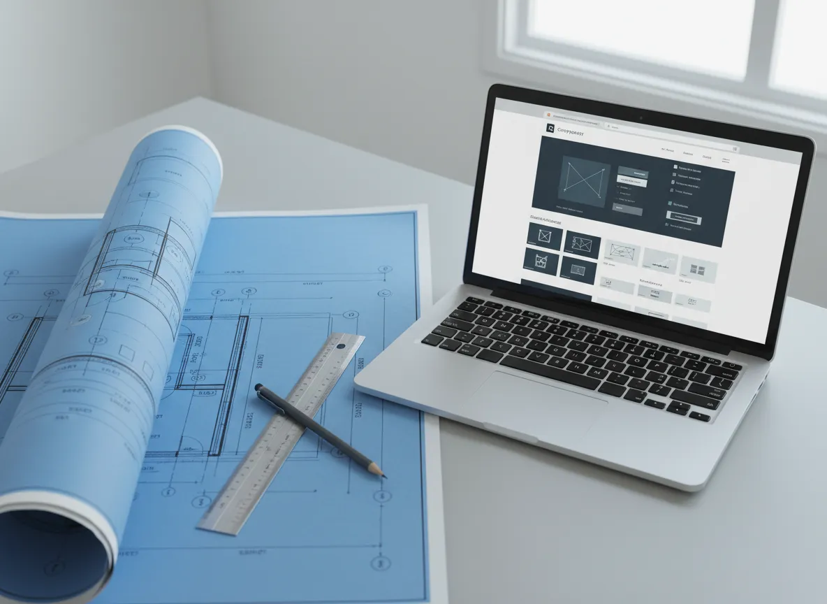 Blueprint and laptop showing contractor website build
