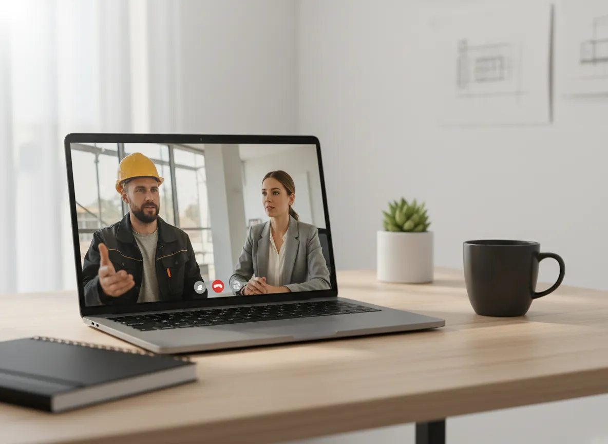 Short demo Zoom call with contractor looking at laptop