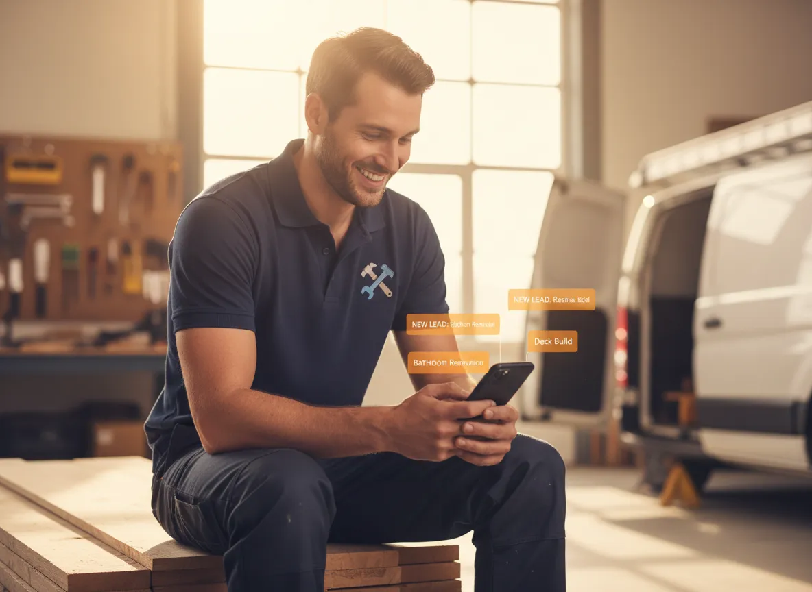 Contractor smiling at phone with new lead notifications