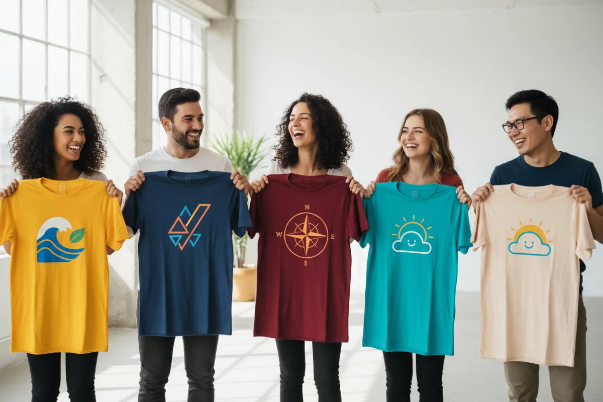 A diverse group of small business owners holding up vibrant, custom-printed t-shirts in a modern studio, each shirt featuring unique business logos and colours. The background is softly blurred, focusing on the cheerful expressions and the crisp, detailed prints. Modern, clean style.
