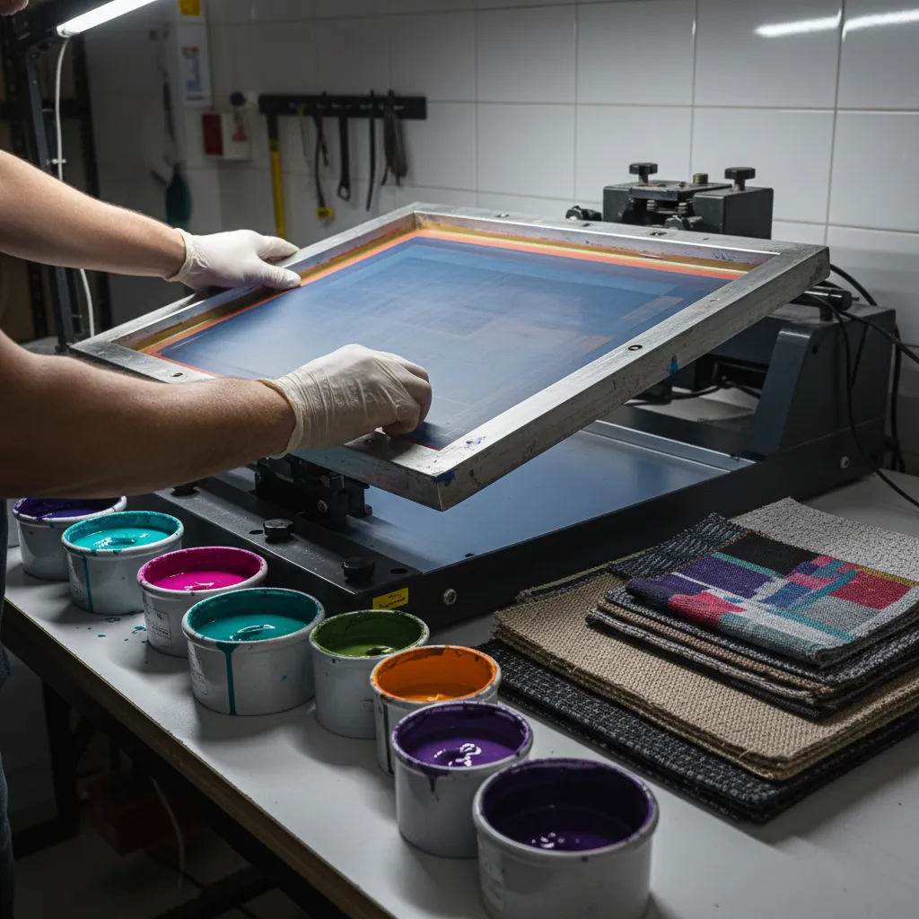 Close-up of a skilled print technician aligning a screen on a printing press, surrounded by colourful ink pots and fabric swatches. The workspace is neat and well-lit, highlighting the precision and care in the process. Contemporary, documentary style.