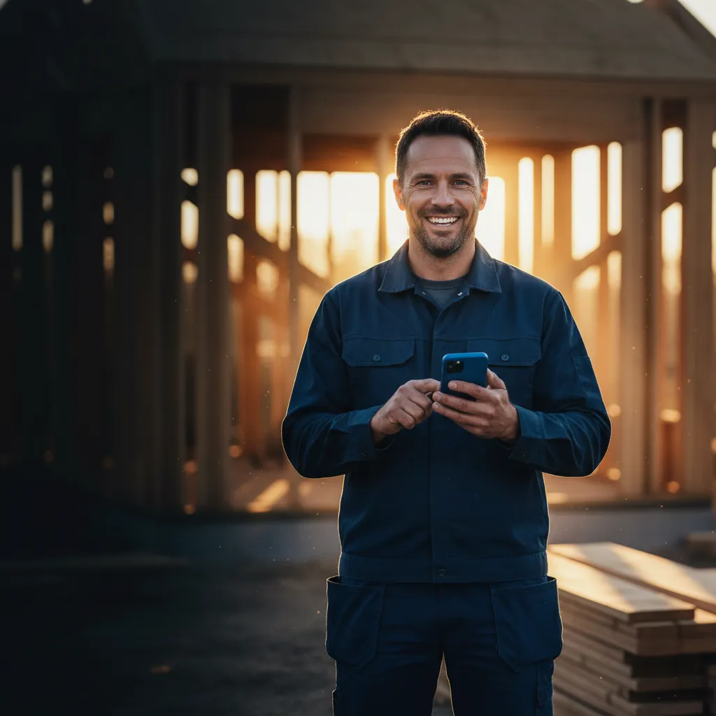Relieved tradesperson easily operating business software on mobile phone while on site