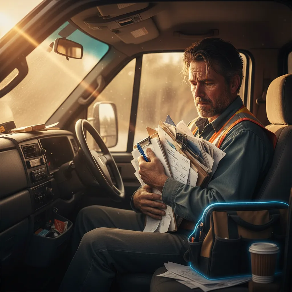 Stressed contractor looking through messy paperwork in a truck