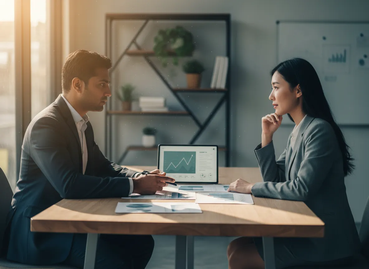 Business consultant discussing strategy with small business owner