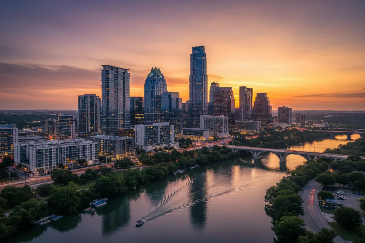 Panoramic view of downtown Austin skyline at sunset, with the Colorado River in the foreground and iconic city buildings illuminated. The scene captures the city’s energy, natural beauty, and modern architecture, appealing to those seeking an urban yet scenic lifestyle.