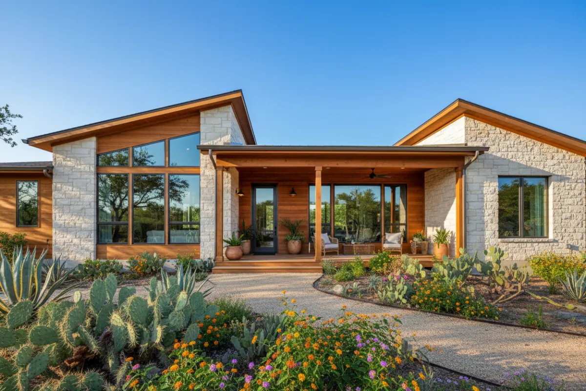 Contemporary Austin home with large windows, surrounded by native landscaping and a clear blue sky, photographed in a vibrant, inviting style. The home features a mix of stone and wood, with a welcoming front porch and lush greenery, evoking a sense of comfort and modern Texas living.