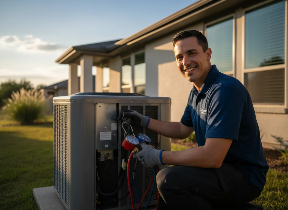 HVAC technician servicing an AC unit in Austin home
