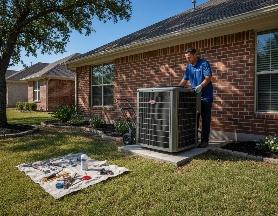 Technician installing a new central air conditioner