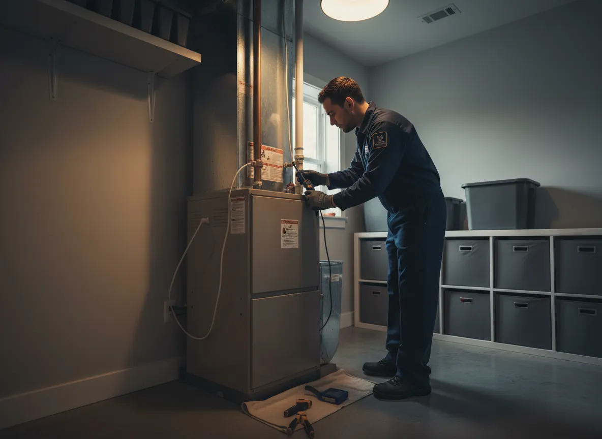 Technician checking furnace in a home