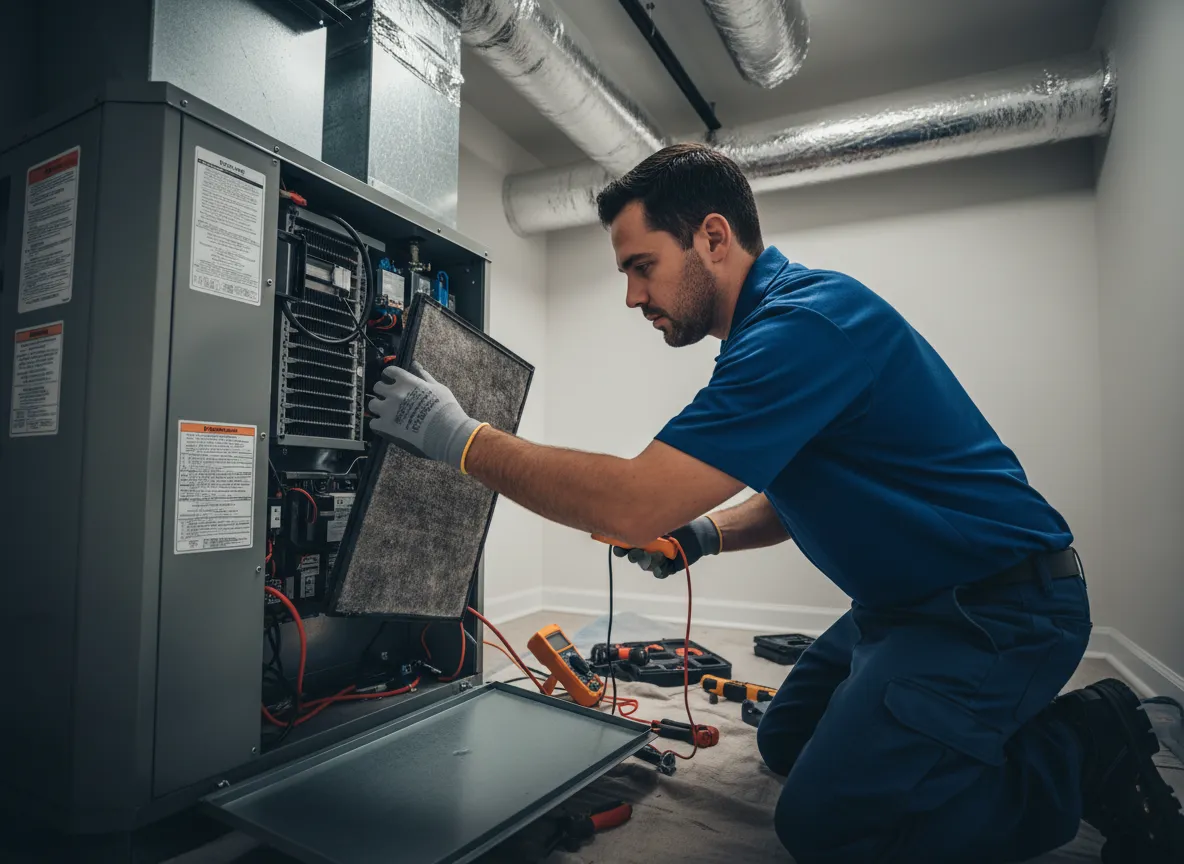 Technician performing seasonal HVAC maintenance