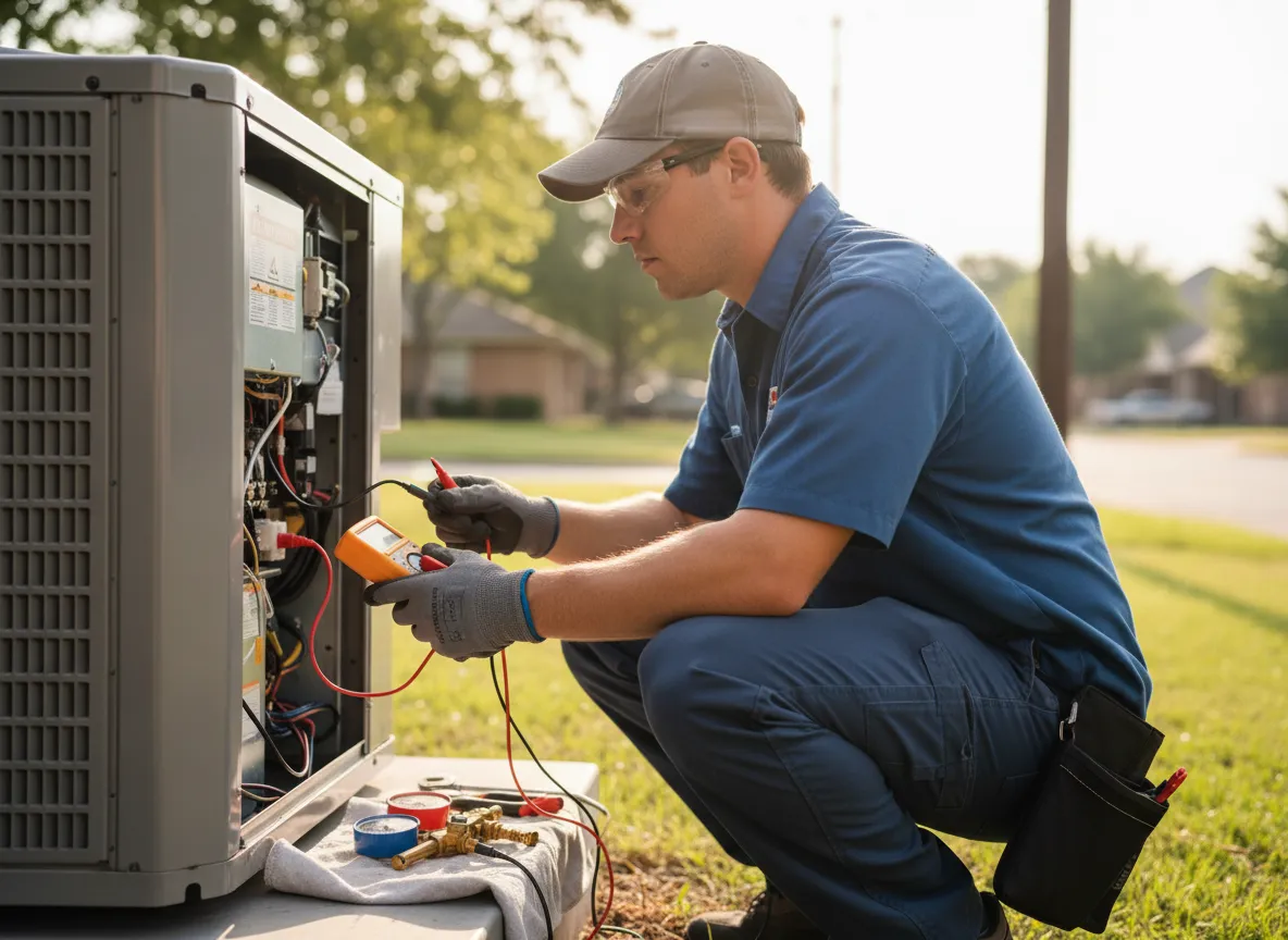 HVAC technician performing diagnostics on a unit