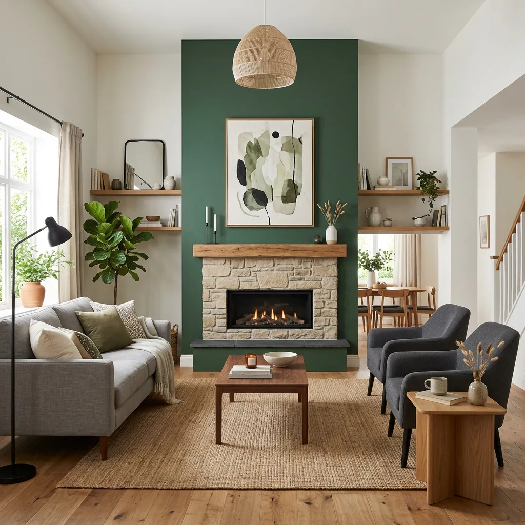 Living room with green fireplace wall