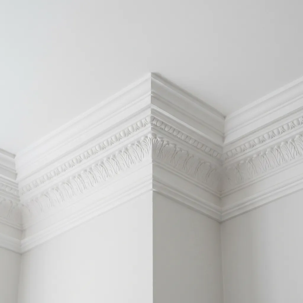 Close-up detail of white ceiling cornicing