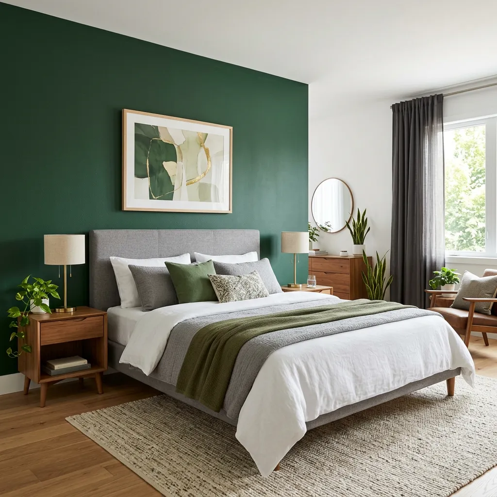 Bedroom with green accent wall behind headboard