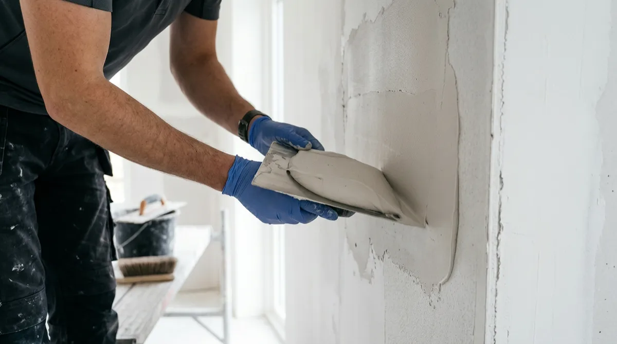 Close-up of hands applying plaster to a wall with a trowel