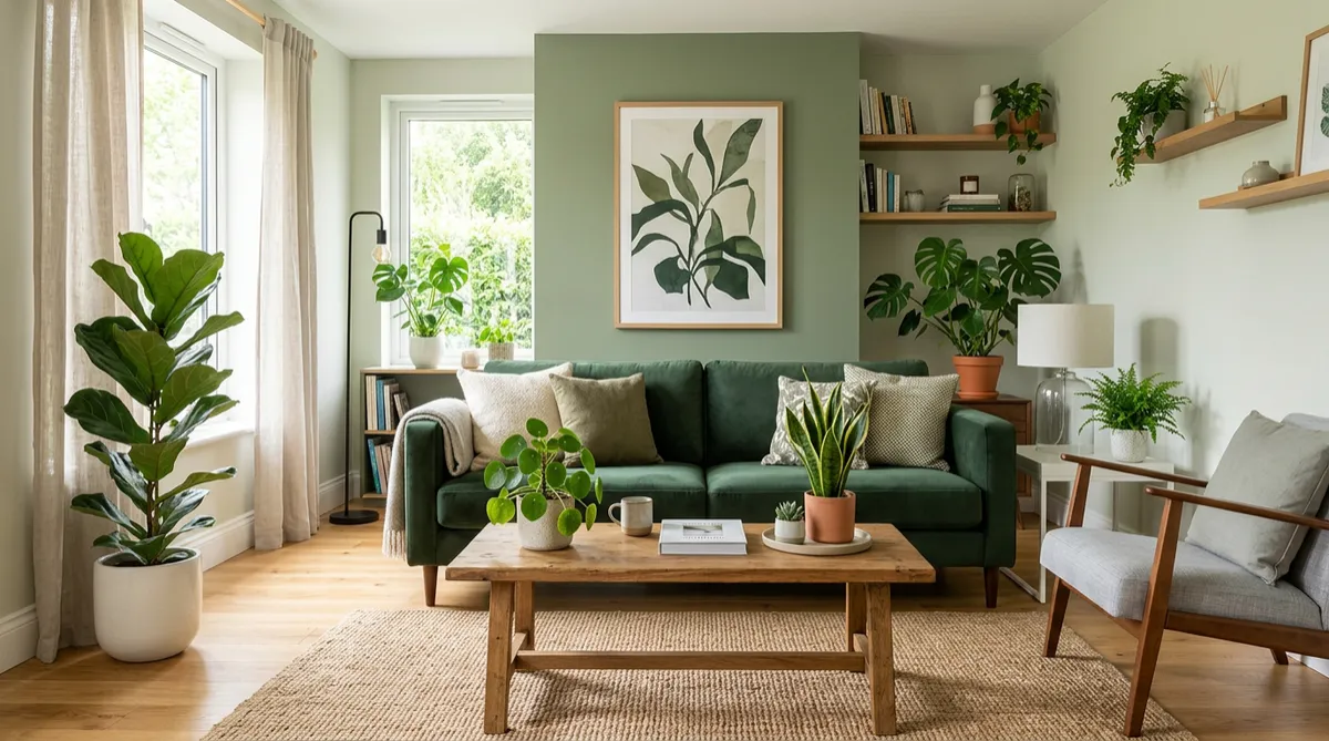 Green living room interior with a sofa and plants