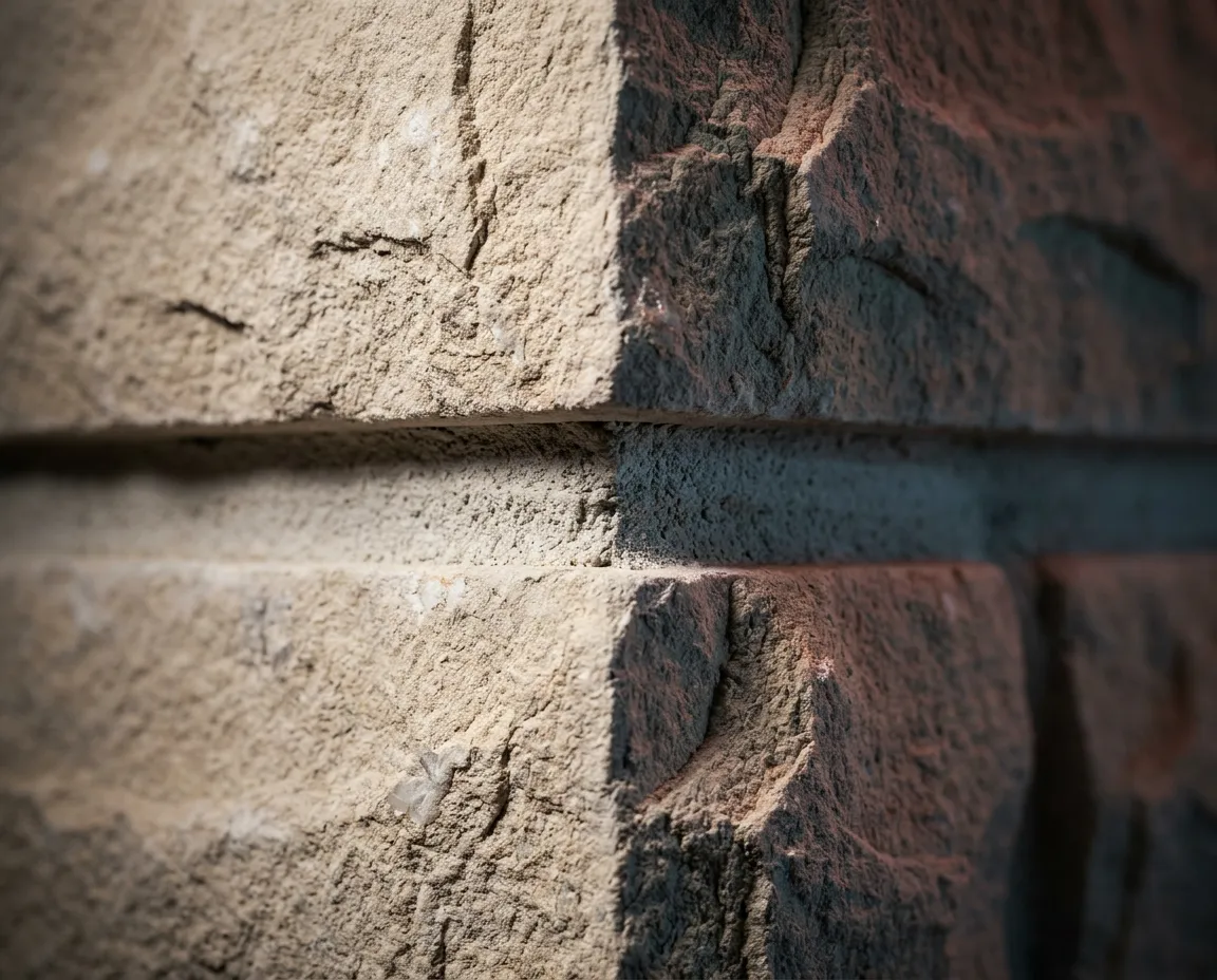 Extreme close-up macro of raw architectural stone joint with clean raked mortar line