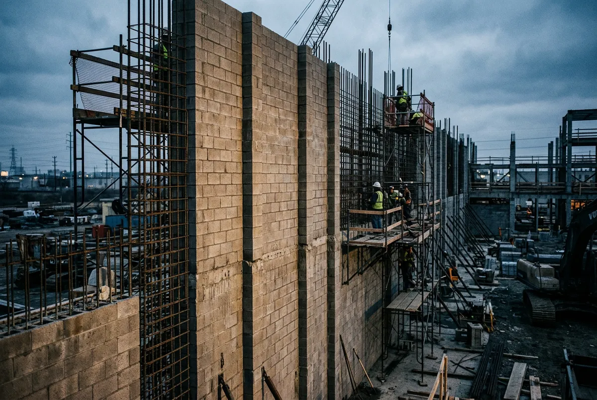 Industrial masonry facility construction with heavy CMU block reinforcing and structural mortar joints