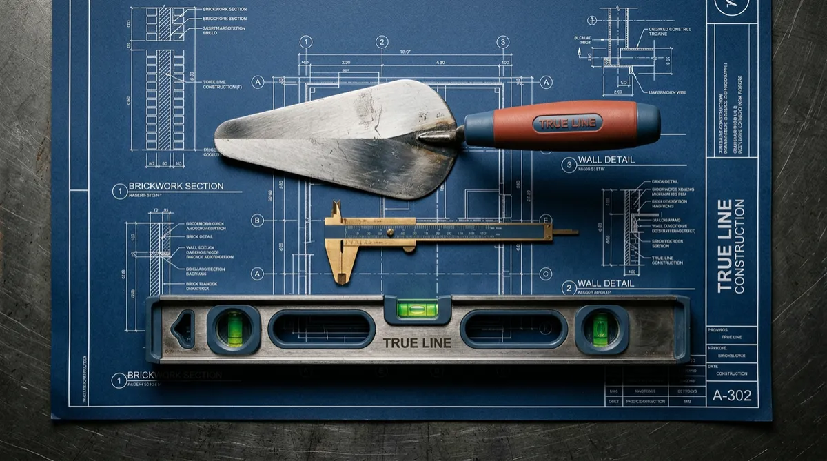 Mason's precision steel trowel, brass calipers, and level aligned rigidly over technical architectural blueprint drawings