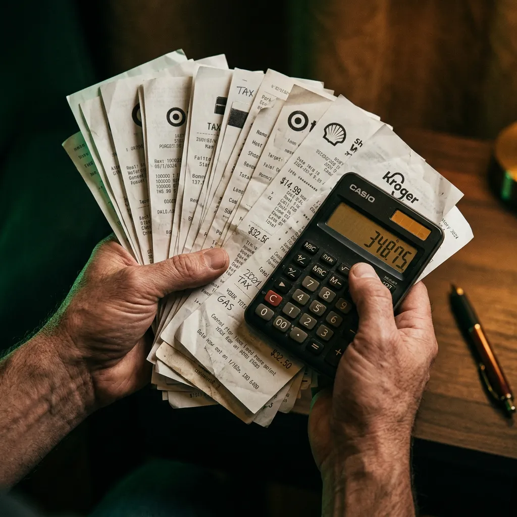 Concerned taxpayer reviewing missed deductions and receipts