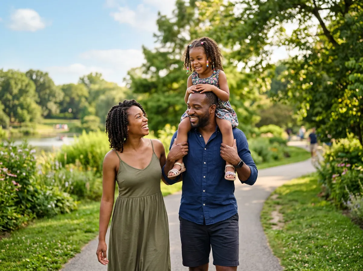 Happy African American family (father carrying daughter on his shoulders, mother smiling) outdoors