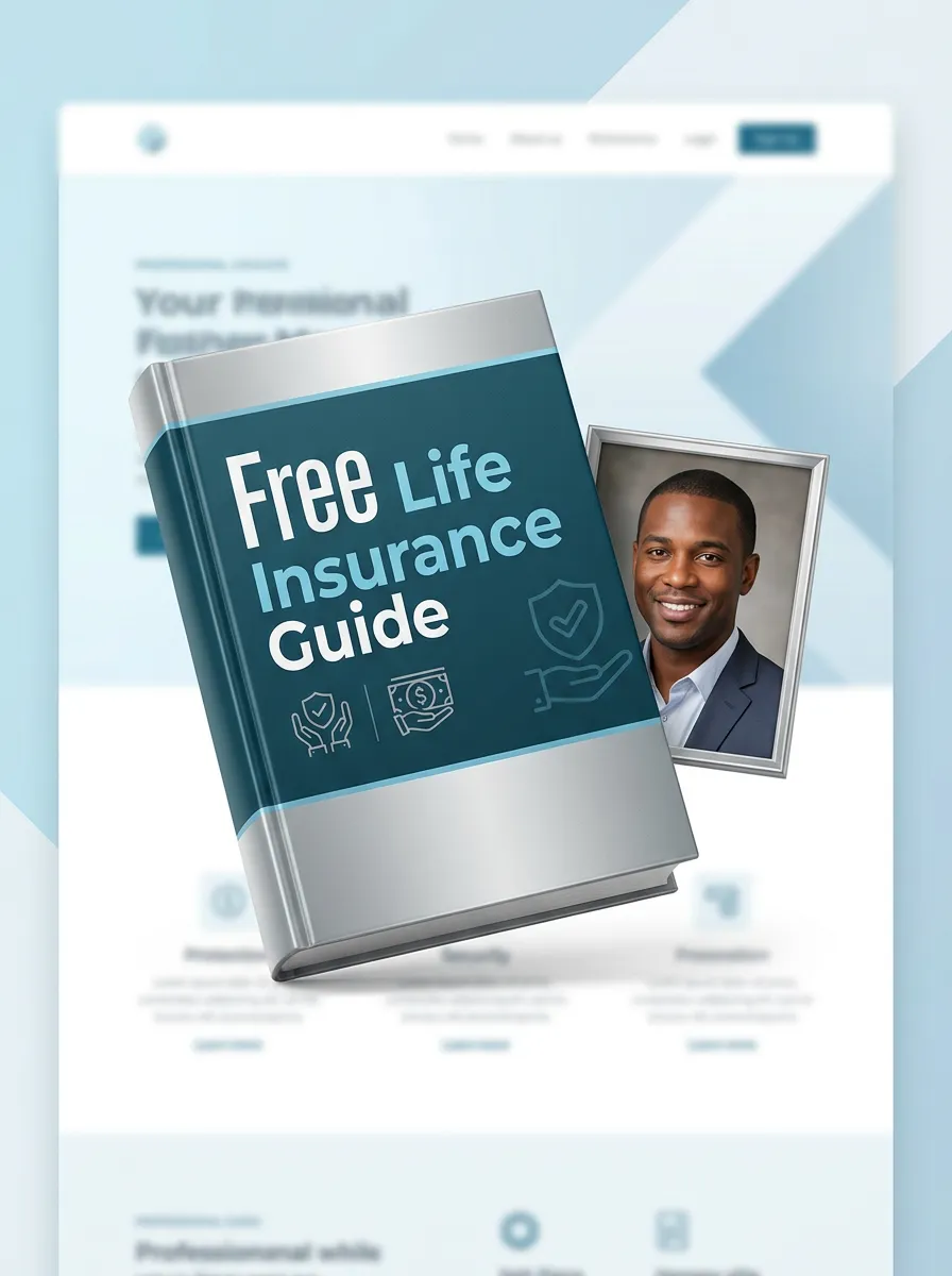 3D rendering of a 'Free Life Insurance Guide' book overlapping a small portrait of Seth Pierre